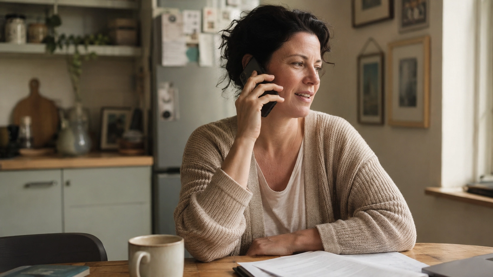 A woman on the phone at her kitchen table, papers spread in front of her